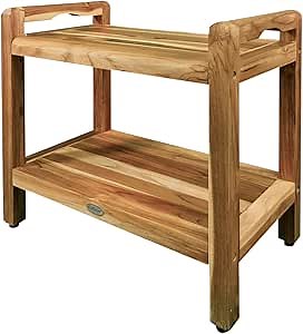 EcoDecors Eleganto 24 Inch Natural Color Waterproof Teak Wood Shower Bench Stool Seat Chair For Inside Shower Provides Safety, Storage, and Organization For Bathroom Accessories