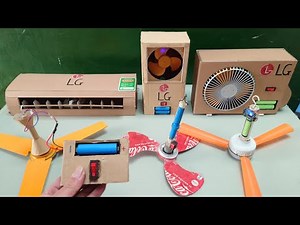 Mini ceiling fan with a light, cardboard air conditioner.