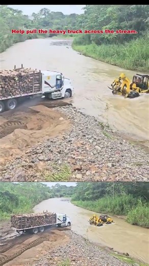 Help pull the heavy truck across the stream. #BigTruckPower #HeavyDutyTrucks #HeavyHaul