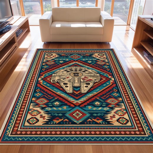 Southwestern Galactic Rug: Turquoise Red Geometric Pattern, Space Ship Symbol, Tribal Aztec Style Decor - Etsy