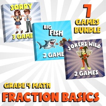 6 No Prep Math Games Bundle C - Fraction Basics - Grade 4 Review Activity