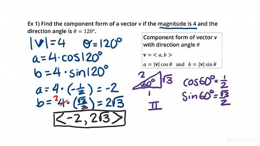 How to Write a Vector in Component Form Given its Magnitude & Direction Angle | Geometry | Study.com