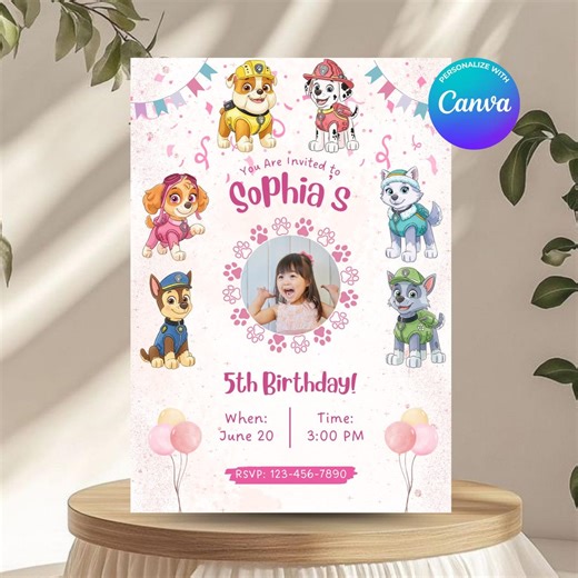 Paw Patrol Girl Birthday Invitation, Editable Canva Template, Pink Puppy Party Invite, Digital Download, Photo Invitation - Etsy