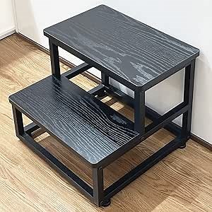 Step Stool, Bedside Steps for High Beds with Round Corners, 2 Steps Footstool for Adults, Metal and Wood Stepping Stool for Kitchen Bedroom, Load 500 LB, Black