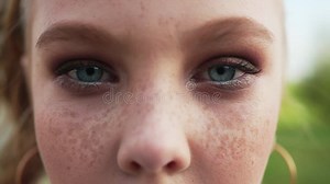 Portrait Freckled Young Girl with Stylish Make Up. Close Up Face Teenager Girl with Fashion Makeup Looking To Camera Stock Footage - Video of care, female: 159122932
