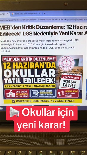 📢 Okullar için yeni karar! LGS tarihindeki değişiklik sonrası 12 Haziran Cuma günü okullarda eğitim yapılmayacak. Öğrenciler okula gitmeyecek, öğretmenler ise idari izinli sayılacak. 📌 Detaylar DevletHane.com’da! Kaydetmeyi ve arkadaşlarınla paylaşmayı unutma. ✅ #LGS #OkullarTatil #MEB #Eğitim #Öğrenci