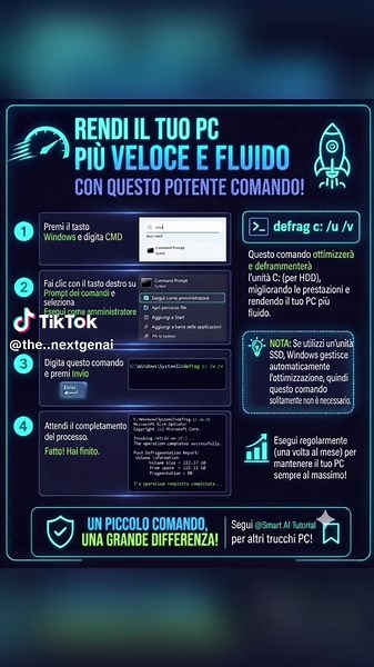 Rendi il tuo PC più veloce e fluido con questo potente comando Se il tuo PC con HDD è lento o poco reattivo, questo semplice comando può aiutarti a migliorare le prestazioni e ottimizzare il disco. La guida mostra come aprire il Prompt dei comandi come amministratore, inserire il comando defrag c: /u /v e attendere il completamento del processo. Questo comando è utile soprattutto sui dischi rigidi tradizionali, perché può aiutare a deframmentare l’unità C: e rendere il sistema più fluido. Se inv