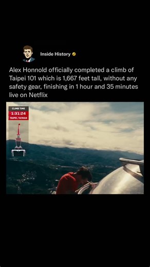 Inside History on Instagram: "Climber Alex Honnold has completed a free solo ascent of Taipei 101 in Taiwan, not using any ropes to scale the massive 1,667-foot skyscraper — and he did it live, as the world watched on with bated breath and hearts racing. It took Honnold 1 hour and 31 minutes to climb the 101-floor tower on Sunday. The event was livestreamed on Netflix. “It’s windy,” Honnold said at the top before taking a selfie. “I’m so psyched ... And you know what, pretty tired actually.” (Vi