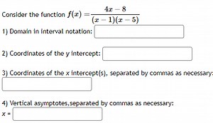 Consider the function f ( x ) = \frac { 4 x - 8 } { ( x - 1 ) (... | Filo