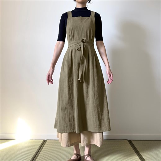 Cross Back Apron With Pockets: Japanese Pinafore, Washed Cotton, Dark Olive Beige, Mulberry Red - Etsy