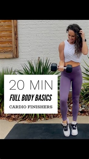 What is holding you back today?! No more excuses! This basic Full Body strength is a great one to jump back into fitness before the New Year! Grab some 5-8lb DBs and get to work Pay attention to the modifications on the cardio finishers-Not a beginner?! Then go ahead and get some medium weight (I'm using 15# for reference)...And challenge yourself with the basic moves. Make sure to follow for more quick, home workouts and save this workout to repeat again during this busy holiday season! 20 MIN 