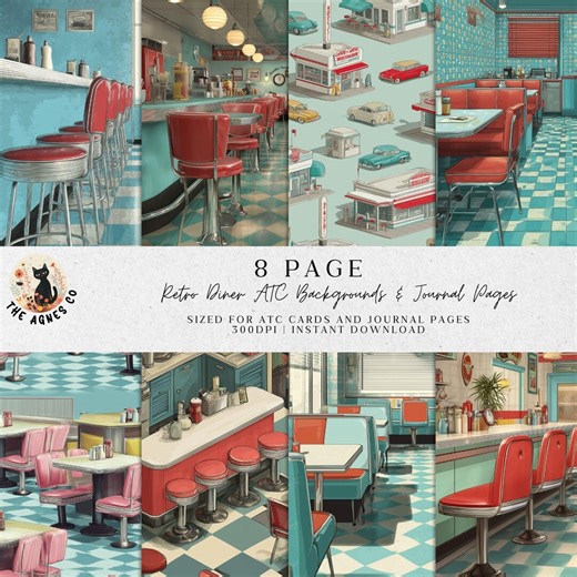 Retro Diner ATC Backgrounds | 1950s Vintage Restaurant Printable Papers for Junk Journals and Artist Trading Cards - Etsy