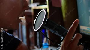 Asian woman using microphone recording podcast episode. Content creator speaking into microphone, engaging with audience in studio. Concept of podcasting, communication