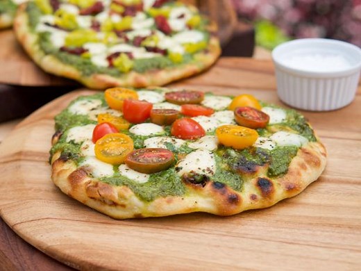 Grilled Pesto Pizza with Marinated Mozzarella and Tomatoes