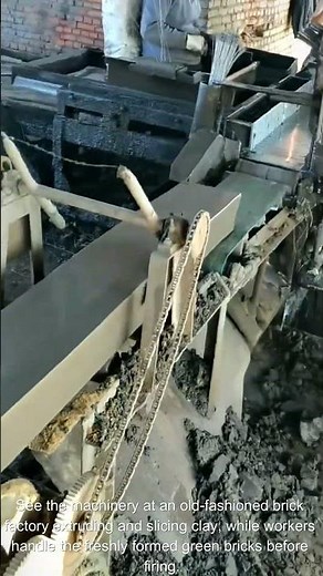 The process of a brick cutting machine in an old kiln factory