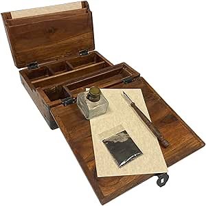 SCHOONER BAY 10-1/2" Colonial Style Distressed, Teak Wood Writing Box Reproduction with Accessories- Antique Reproduction