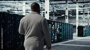 Engineer walking in server farm, automating system diagnostics using machine learning predictions. IT specialist working in data center using notebook to configure gear for AI tasks, camera A