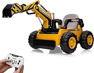 PALBY'S Kids Ride On Electric Excavator Digger Car with Remote Control & Digging Arm, 12V 10Ah Battery, 4x75W Motors,Led Tail Light, Music, USB, 360° Rotation Riding Toy Gift for Ages 3+,Yellow