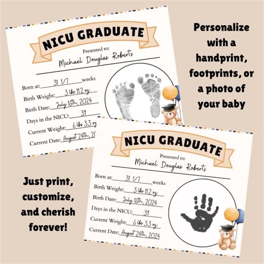 NICU Teddy Bear Graduation Diploma Certificate, SPANISH Included, NICU Footprint Handprint Keepsake, Neonatal Intensive Care Unit Graduation - Etsy