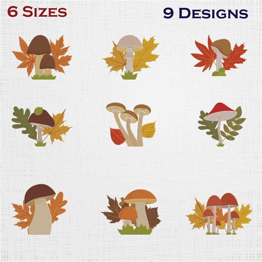 Mushrooms Set Embroidery - Funky Mushroom Pattern - 6 Sizes 9 Designs - Etsy