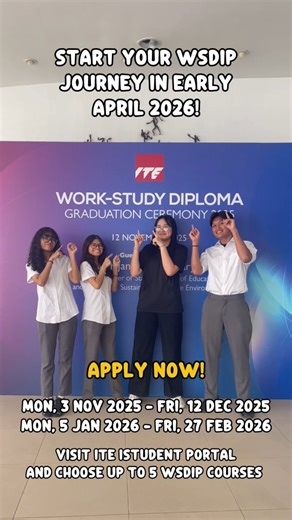 Ready to unlock your next chapter? 🚀 Explore the full range of Work-Study Diploma courses and find the pathway that fits you. Learn. Work. Grow — your next step begins here. 📅 Application Periods • 3 Nov – 12 Dec 2025 (Round 1) • 5 Jan – 27 Feb 2026 (Round 2) Begin your WSDip journey in April 2026. ✅ Apply via ITE iStudent Portal — choose up to 5 courses. 🔗 Useful Links • Prepare for your Work-Study Diploma journey: https://www.ite.edu.sg/current-full-time-students/progression/work-study-dipl