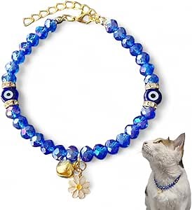 Dog-Cat Collar with Bell, Evil Eye Beads for Girls and Boys Cats, Shiny Crystal Stones, Adjustable Collar for Small and Large Cats, Small Breed Dogs (Blue)