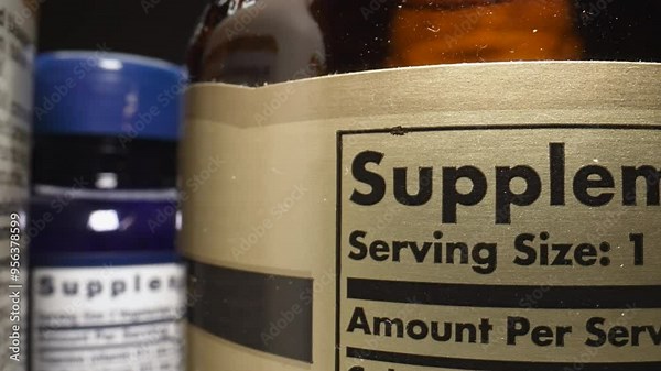 Dietary Supplement Bottles With Labels. Label Information and Ingredient Details. Health and Wellness Products for Overall Well-being