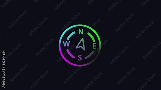 Multicolored gradient compass icon with NSEW directions on dark background navigation north