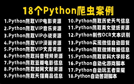 【附源码】18个Python爬虫项目案例，100%实用，Python爬虫教程，Python爬取网页数据，案例视频，含影视/音乐/资源/等，学完可自己爬取