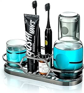 Toothbrush Holders for Bathroom, Stainless Steel Bathroom Accessories Organizer Storage Set with Glass Mouthwash Dispenser Electric Toothbrush Toothpaste Holder Mouthwash Decanter