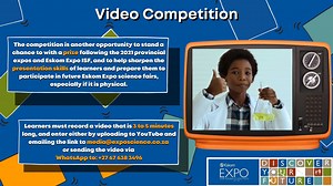 #DiscoverEskomExpo Stand a chance to win awesome prizes including a laptop, tablet computer and Bluetooth headsets in the Eskom Expo Video Competition! Learners must record a video that is 3 to 5 minutes long, and enter either by uploading to YouTube and emailing the link to media@exposcience.co.za or sending the video via WhatsApp to: 27 67 638 3496. Closing date: 6 February 2022. Read the competition outline here: https://bit.ly/3EgYEbc | Eskom Expo for Young Scientists