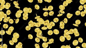 Golden pushpin floating in air on black background. Gold thumbtacks. Business equipment. Stationary illustration. Loop animation.