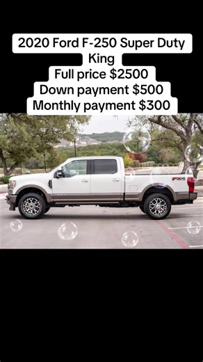 34k-Mile 2020 Ford F-250 Super Duty King Ranch FX4 Crew Cab Power Stroke 4×4 Price $2500 Down payment $500 34k Miles 6.7-Liter Power Stroke Turbodiesel V8 10-Speed Automatic Transmission Dual-Range Transfer Case Star White Metallic Tinted Clearcoat & Stone Gray Paint Java Leather 20″ Alloy Wheels King Ranch Ultimate Package 360-Degree Camera System Adaptive Cruise Control Heated & Ventilated Front Seats Heated Rear Seats Bang & Olufsen Sound System Window Sticker