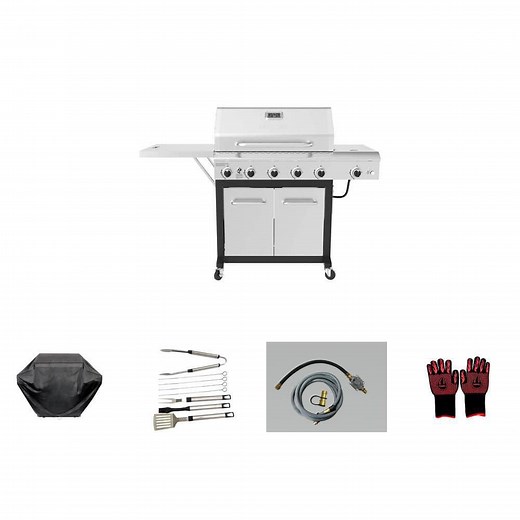 5-Burner Stainless Steel Gas Grill with Side Burner, 65 in. Cover, 8-Piece Tool Set, Conversion Kit and Grilling Gloves - The Home Depot