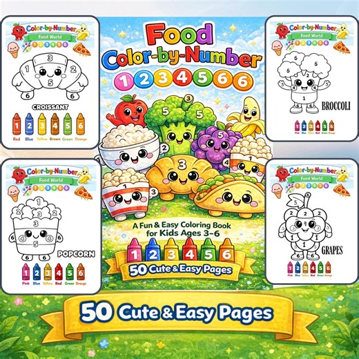 Food Color by Number for Kids, Printable Coloring Book, 50 Easy Pages, Toddler & Preschool - Etsy
