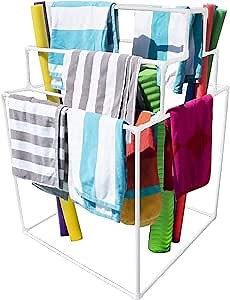 8 Bar Pyramid Towel Rack - Dry Wet Towels, Organize Fresh Towels, Poolside Towel Storage Organizer, (35.5" L x 35.5" W x 55" H), White