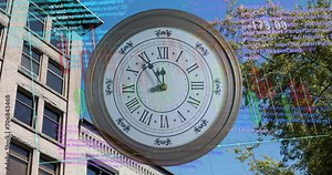 Animation of diagrams and data processing with clock over cityscape