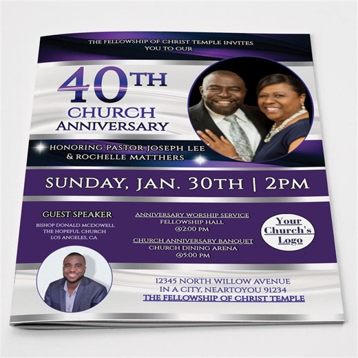 Purple & Silver Church Anniversary Program Template | Editable in Corjl - Etsy