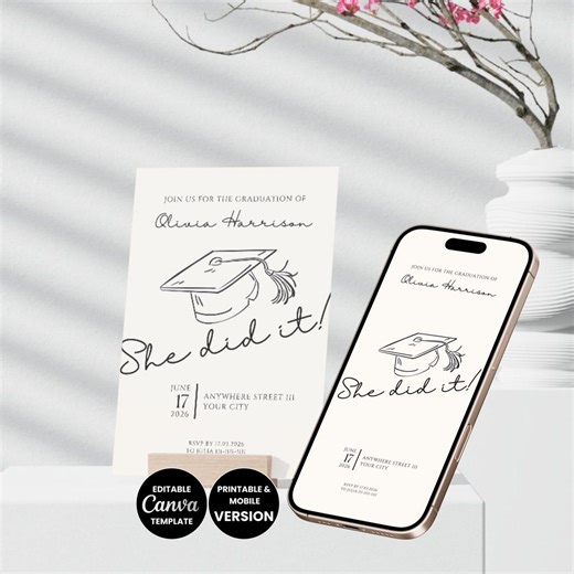 Editable Graduation Party Invitation Minimal Hand Drawn Graduation Announcement Canva Template She Did It Invitation Grad Party Invite Diy - Etsy