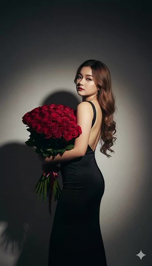 Glamorous Young Woman in Black Dress with Roses