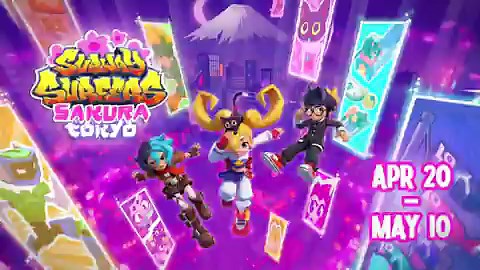 It is Golden Week in Tokyo 🎏🗼Run in the vibrant city with the Mega character Tsuki-Chan and her Fast Fur-ward board. 🌟Surf through the beautiful sakura trees with Kaito. 🌸👉 Introducing two new outfits: Sky Attack for Skye & Haya Kitsune for Kaito.👉 You can also unlock the Fox Trotter Board and the Cathletic Ride Board.   This update runs from April 20th to May 10th.#subwaysurfers