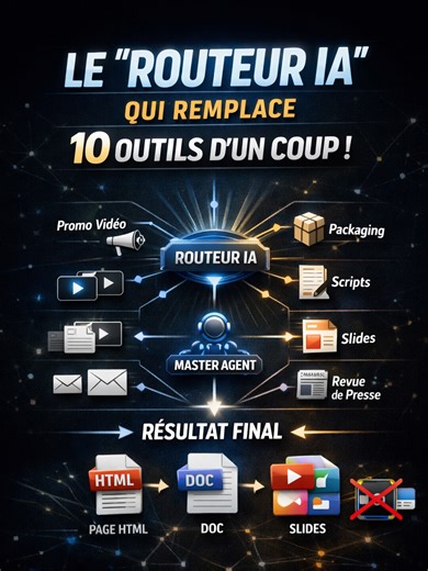 Le “Routeur IA” qui remplace 10 outils d’un coup (agents superviseur) Vous en avez assez de passer votre vie à switcher entre 12 onglets pour avancer sur vos projets ? Dans cette vidéo, vous découvrez le fonctionnement d’un outil d’IA sur mesure : un routeur comprend votre demande, déclenche les bons agents spécialisés, puis un agent superviseur assemble et optimise le tout pour vous livrer un résultat final (HTML, doc, slides…). Bref : une seule interface, et une IA qui bosse comme une équipe c