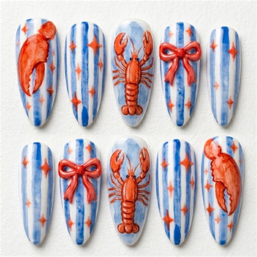 THE LOBSTER CLAW: Hand-painted 3D Bow Press on Nails | Nautical Summer Watercolor Collection - Etsy