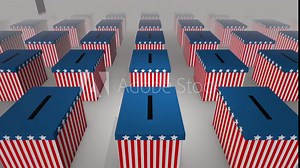 USA General Election - votes being cast by mail into array of ballot boxes - 3D rendered animation
