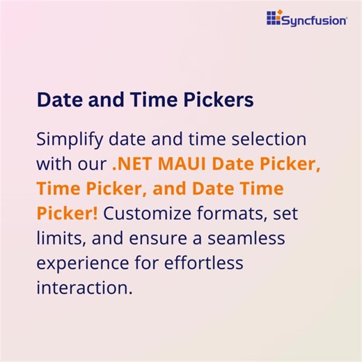Discover seamless date and time selection using our .NET MAUI Date Picker, Time Picker, and Date Time Picker! Customize formats, set limits, and enjoy effortless interaction. #maui #dotnetmaui #datepicker #timepicker #datetimepicker Explore more about .NET MAUI Date Time Picker control: https://syncfusion.pulse.ly/sgtbxqpcla | Syncfusion | Facebook