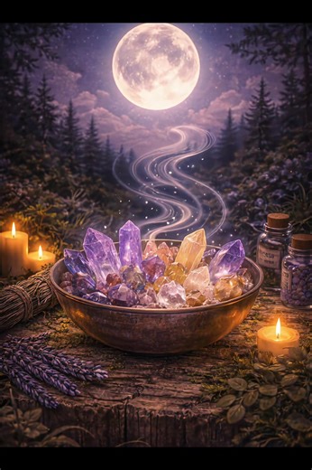 🌕 Cleanse Your Crystals Under the Moon 🌕 The moon doesn’t just glow she clears. Crystals absorb energy as they work with you. Moonlight gently resets them, washing away what they’ve carried. ✨ Why Moon Cleansing Works: The moon governs cycles, emotions, intuition, and release. Her light restores crystals back to their natural frequency. 🌙 How to Cleanse Crystals Under the Moon: • Choose a Full Moon (release) or New Moon (reset) • Place crystals on a windowsill, balcony, or outside • Set an in