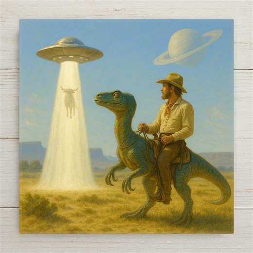 Velociraptor Cowboy UFO Ceramic Tile Wall Art – Whimsical Western Alien Home Decor, Funny Dinosaur Wall Decor Gift, Surreal Sci-fi Tile - Etsy