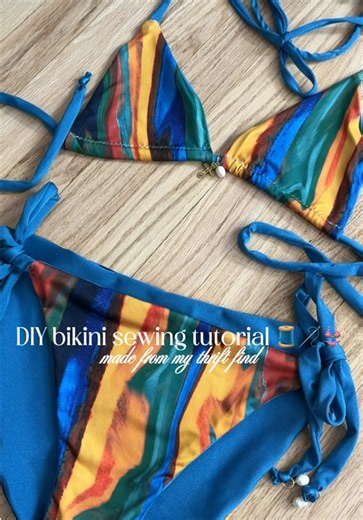 DIY bikini sewing tutorial 🧵🪡👙 from thrift find…to new bikini ✨🙂‍↔️🌞 just love this print sm too! hot takes: • take the extra few minutes to make a pattern • use 1/4 inch elastic instead of 1/2 inch • get bathing suit pads instead of bra inserts 🙃 #diybikini #howtosew #sewingtutorial #thriftfind #thriftflipclothes