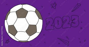 Football ball with Number 2023. Abstract dancing line cartoon animation. 4k HD Format resolution video.