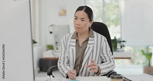 Video call, advice and a woman with a computer and report for a consultation, service and web support. Help, Asian employee and speaking on a webinar or online meeting with documents for interview